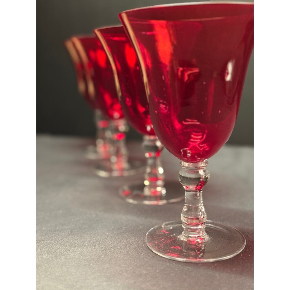 Set of 4 Ruby Red Goblets with Clear Stems – 7.5” Tall, Vintage Elegance
